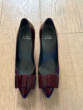 Stuart Weitzman Burgundy Patent Pointed Flats with Bow